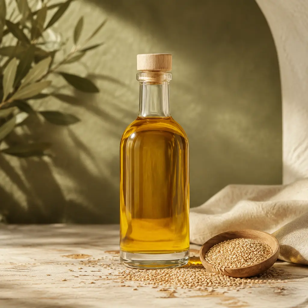 بطری روغن طبیعی در کنار دانه‌های کنجد